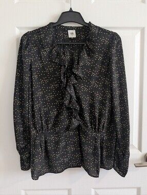 Cabi Eros Blouse Black Heart Print Ruffle Long Sleeve Blouse  Feminine Chic - M